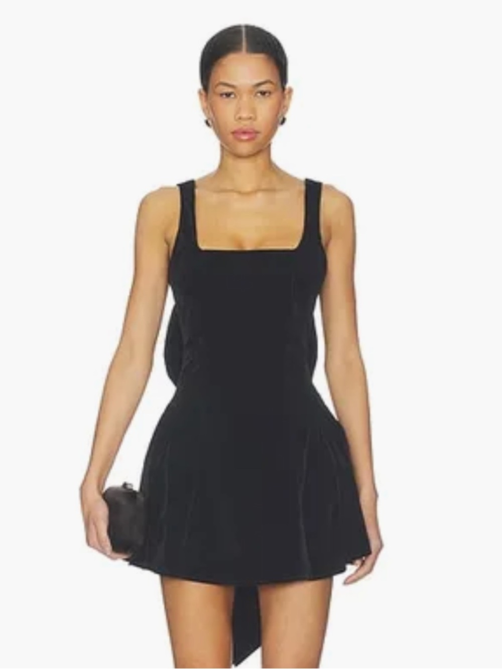 More to Come Estella Bow Back Black Velvet Square-Neck Mini Dress NWOT